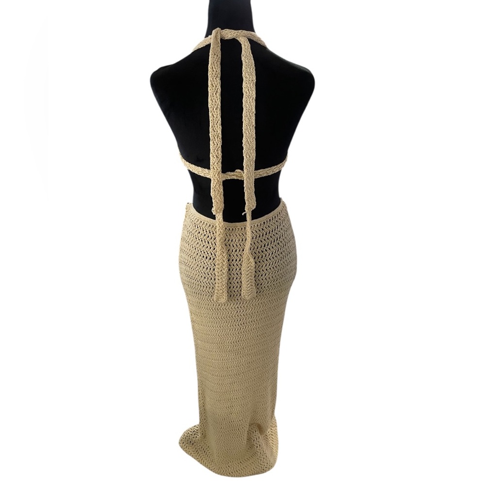 Resort,Vacation,Beach Tan crochet ring cut-out sweater dress,halter,tie,Large - Picture 4 of 8